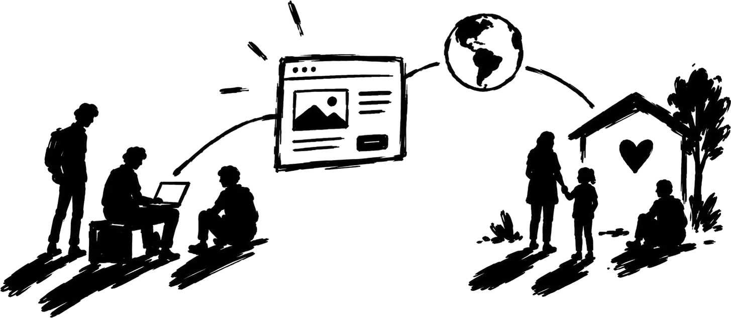 Ilustración de personas conectadas por una página web al mundo y a comunidades