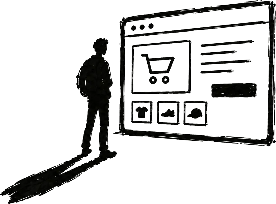 Ilustración de una persona frente a una tienda en línea