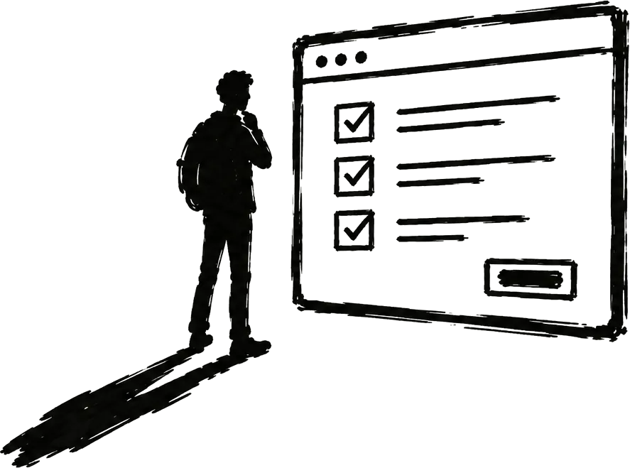 Ilustración de una persona frente a una lista de verificación en pantalla