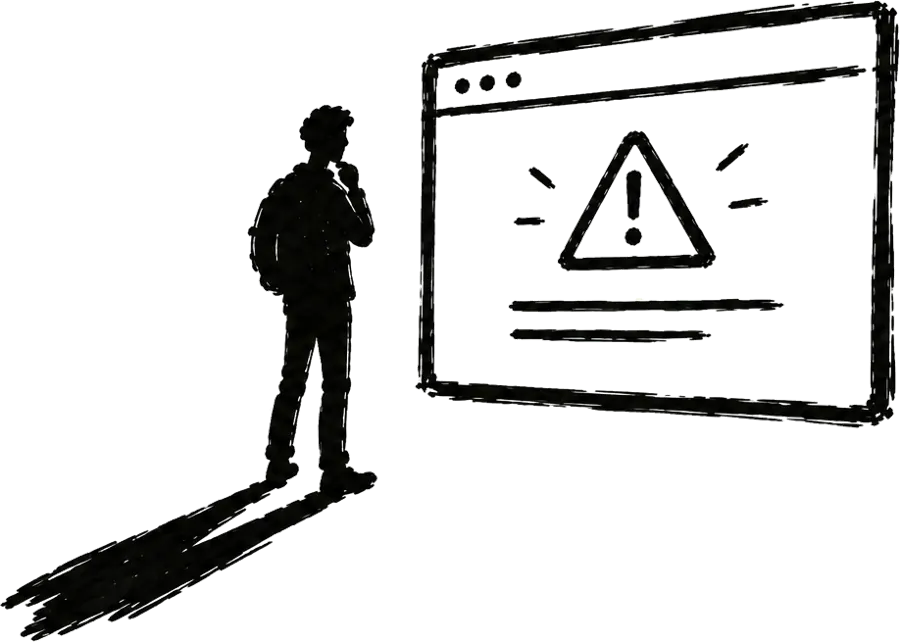 Ilustración de una persona frente a una web con señal de advertencia
