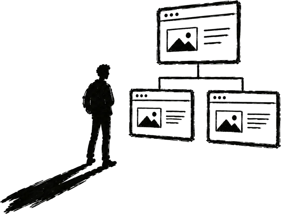 Ilustración de una persona frente a varias pantallas conectadas